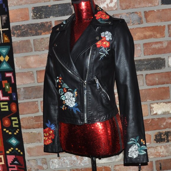 Guess Floral Embroidered Faux Leather Moto Jacket XS - Picture 5 of 7